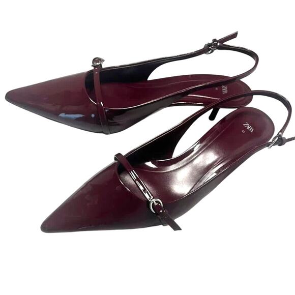 Zara Shoes - ZARA Vegan Patent Leather Kitten Heel Slingback Shoes in Red Burgundy sz. 10.5